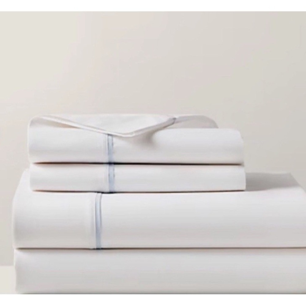 New Ralph Lauren Organic Cotton Percale Palmer Queen Flat Sheet White/Sky Blue